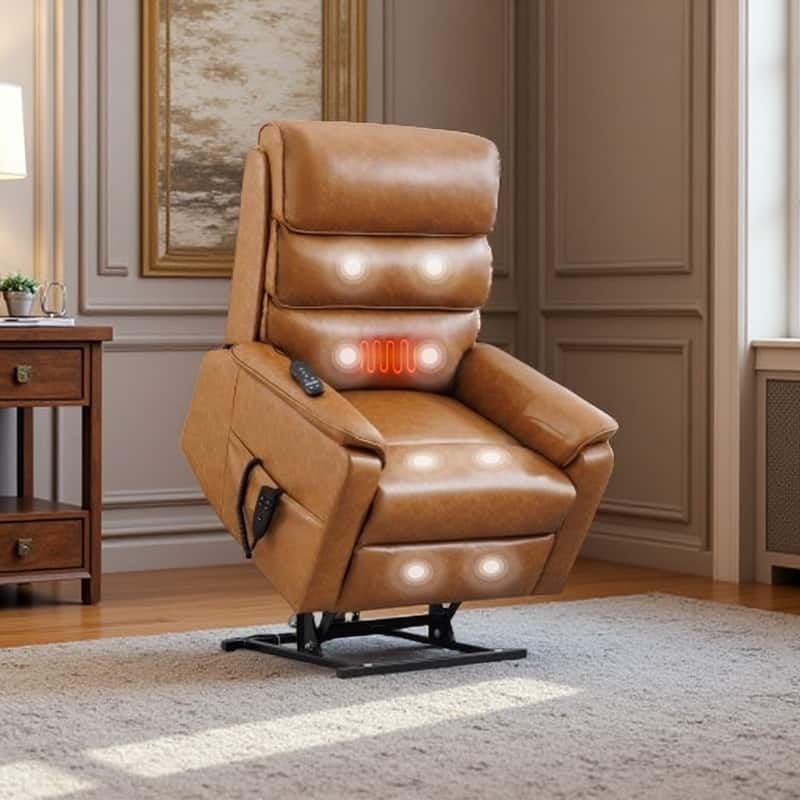 Dual Motor Power Lift Recliner Chair, with Heat & Massage, 350lbs Capacity, Infinite Position, Power-Remote, Side Pockets - Yellow Brown