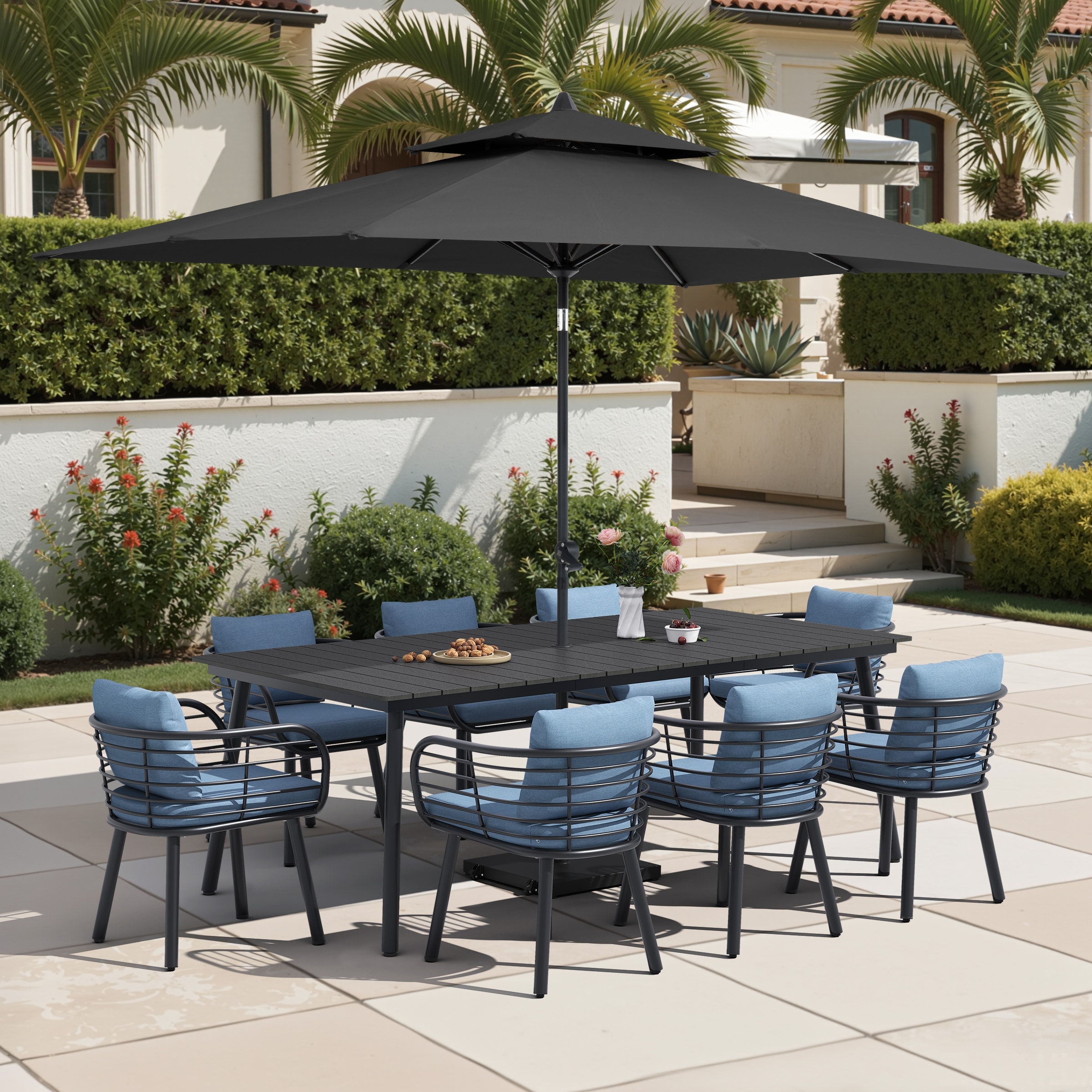 11-Piece Outdoor Patio Dining Set with Sunbrella Cushion Aluminum Dining Table and Chairs w/10 ft Umbrella and Base with Wheels