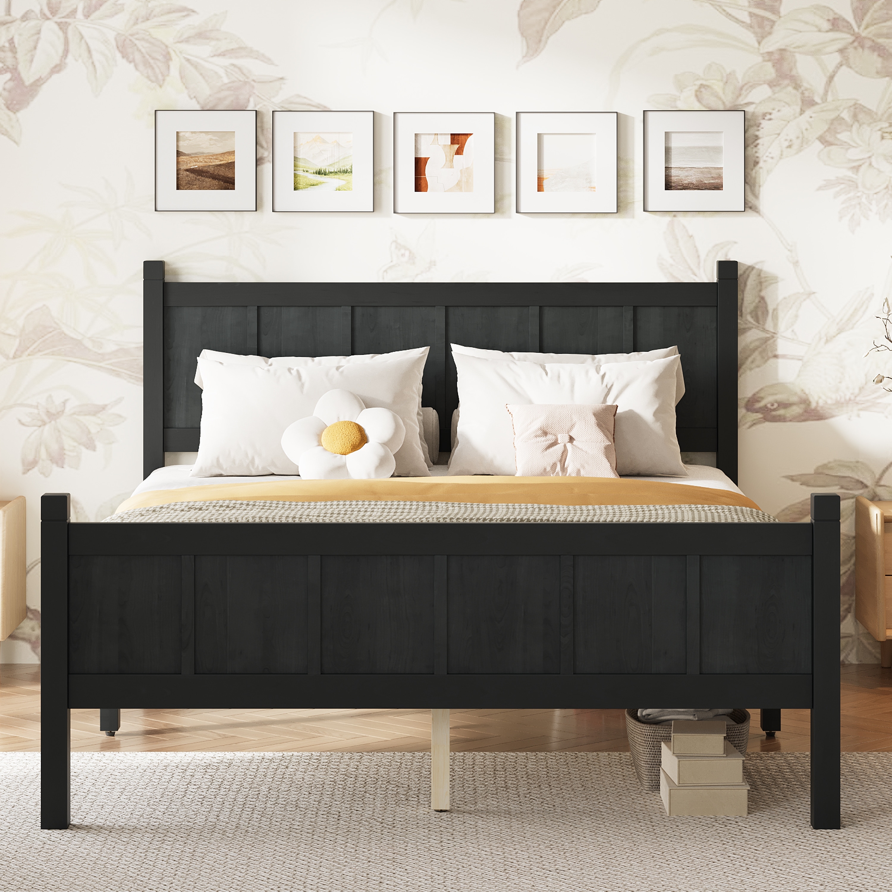 Full Size Flat Panel Bed with Headboard & Footboard, Minimalist Modern Platform Bed with Wood Grain Finish
