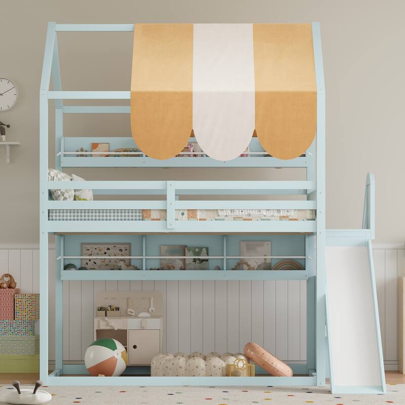 Fairytale Full Size House-shaped Loft Bed with Striped Fabric Canopy, Fun Slide Design and Built-in Bookshelves