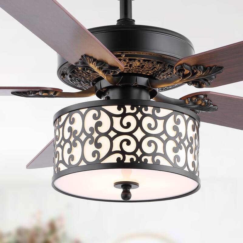 Paolo 52" 3-Light Farmhouse Industrial Iron Scroll Drum Shade LED Ceiling Fan With Remote, Black/White by JONATHAN Y - 52" - Black - Hardwired