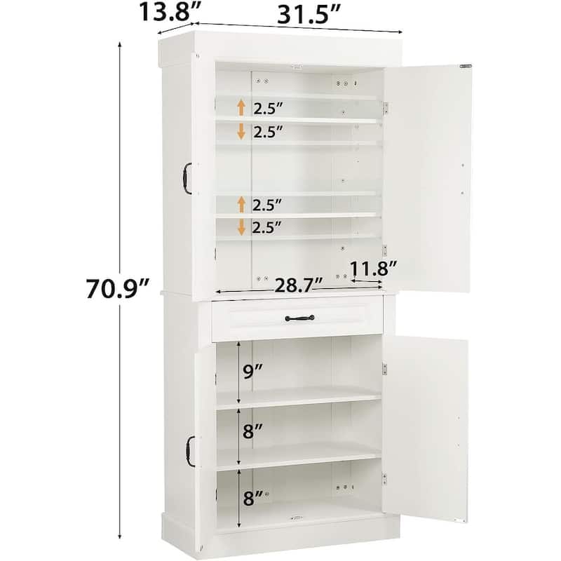 EROMMY 71'' Freestanding Kitchen Pantry Cabinet, Tall Storage Cabinet with Drawer and Adjustable Shelves, 2-Door Floor Cupboard
