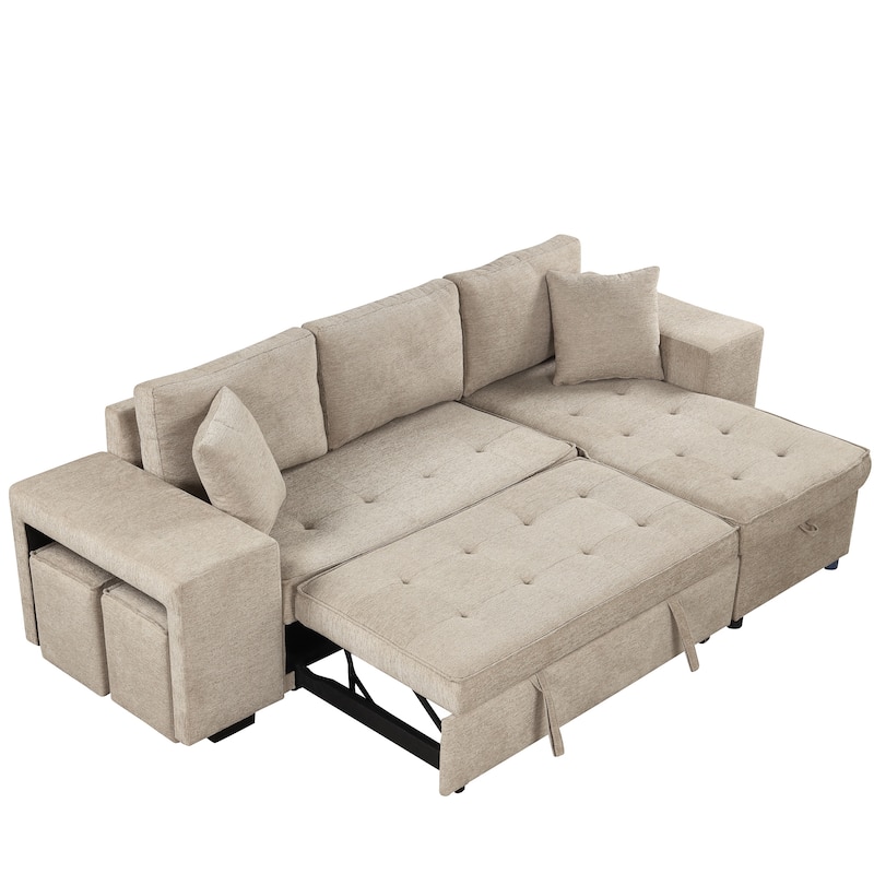 Brown 104.5" Charcoal L-Shaped 3-Seater Convertible Sofa with Pull-Out Bed, Storage Chaise, and 2 Convenient Stools