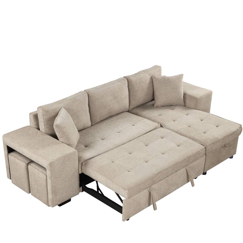 Convertible Sleeper Sectional Sofa, Reversible Sofa with Pull-Out Bed, Storage Chaise & 2 Stools, Linen Upholstered 4 Seat Sofa