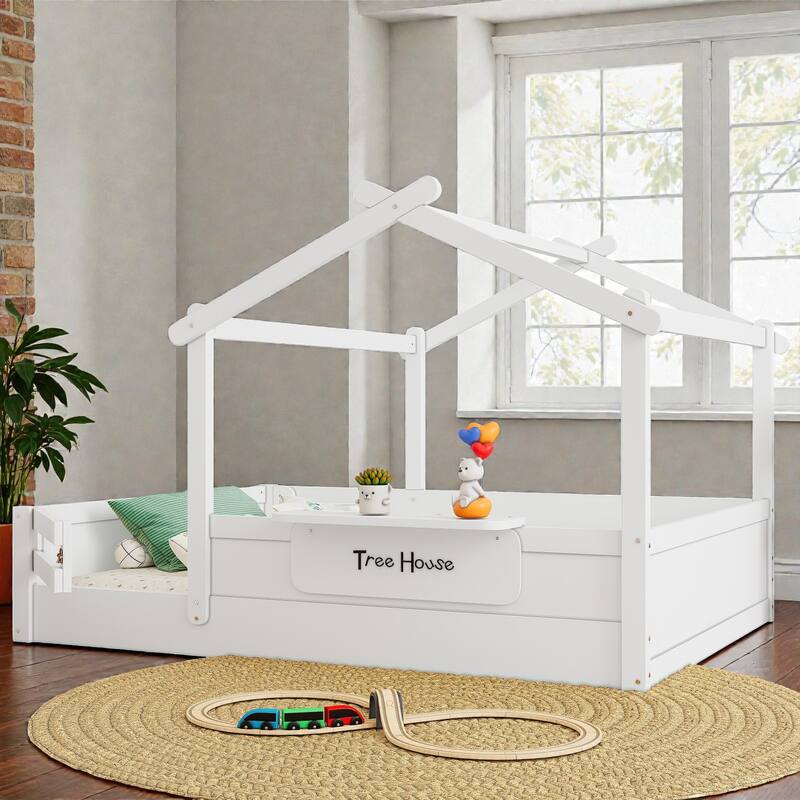 Kids House Floor Bed with Guardrails and Roof, Built-in Tray and Signboard, Montessori Floor Bed for Toddlers