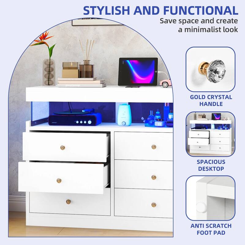 Moasis 6 Drawer Dressers, Double Storage Dresser with LED Lights & Charging Station