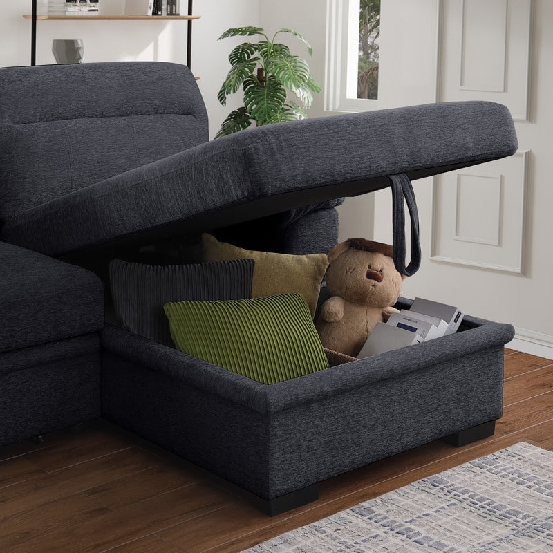 Kipling II 94"W Chenille Fabric Sleeper Sectional Sofa with Right-Facing Chaise, Cupholders, USB Charging port