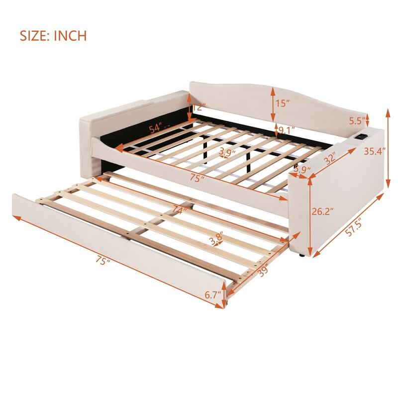 Upholstered Daybed with Storage Armrests,Trundle and Latest Integrated Bluetooth Audio System