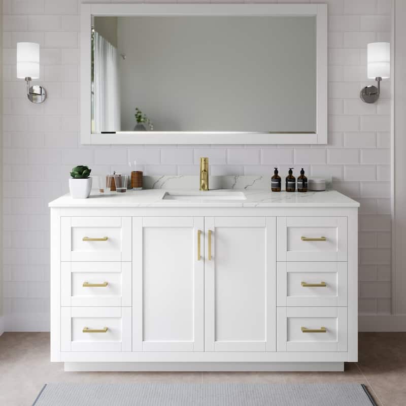 Wyndham Collection WCF292966S-QTZ-UNSMXX Miranda 66" Free Standing - White / Giotto Quartz Top / Brushed Gold Hardware
