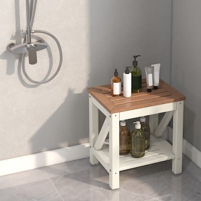 2-Tier Waterproof HDPE Shower Bench Stool with Bottom Storage Shelf