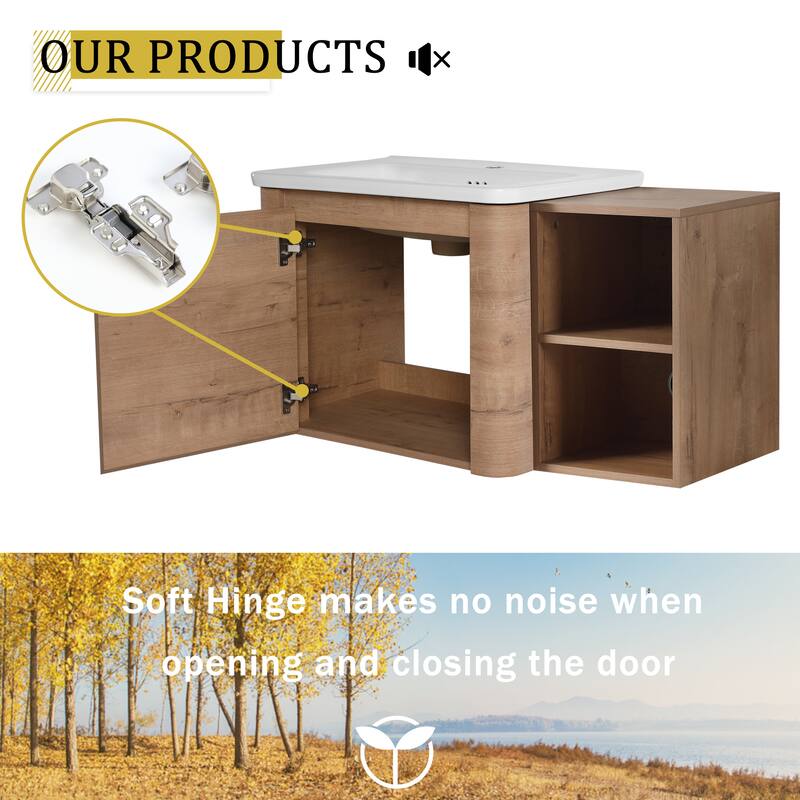 36'' Wall-Mounted Bathroom Vanity with White Ceramic Sink and Storage Shelves & 1-Soft-Close Door, KD-Packing, Plywood