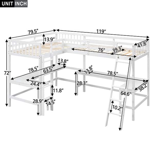 dimension image slide 0 of 2, Wood Twin Size L-Shaped Loft Bed with Ladder and 2 Built-in L-Shaped Desks, Gray