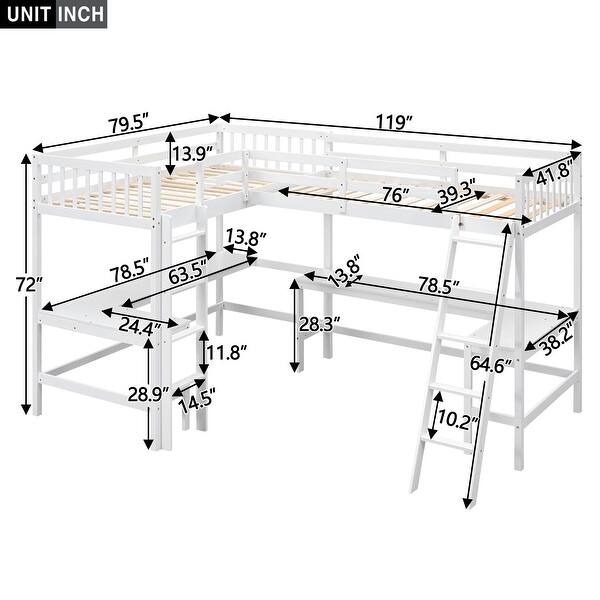 dimension image slide 0 of 2, Wood Twin Size L-Shaped Loft Kids Bed Frame with Ladder, 2-Built-in Desks, No Box Spring Required, Easy to Assemble, Grey