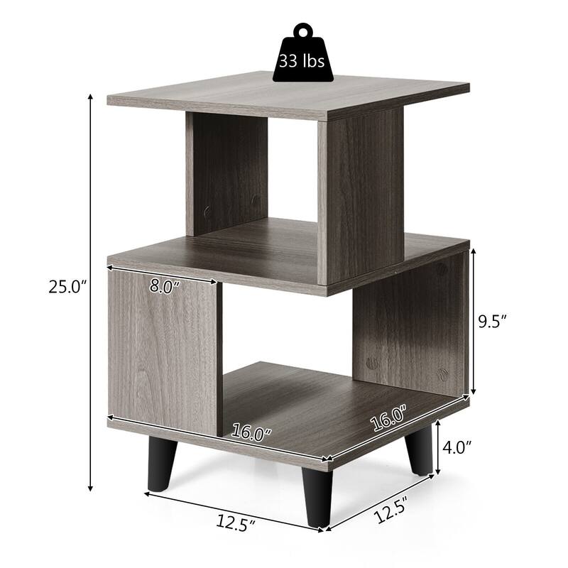 Modern Set of 2 Grey Nightstands with 3 Tier Storage Shelves for Living Room or Bedroom