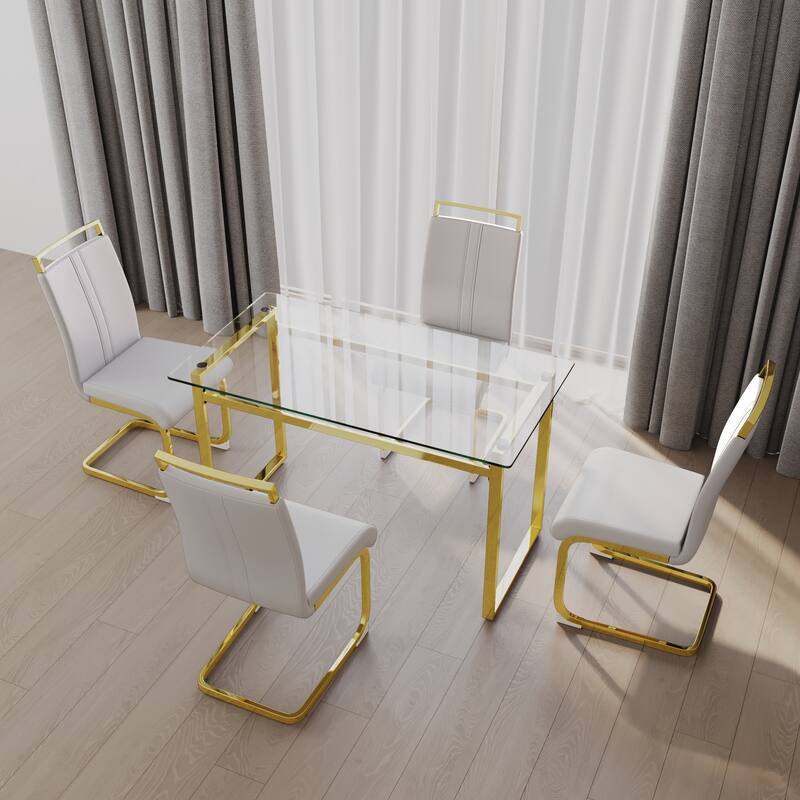 5-Piece Glass Dining Table Set with Gold Metal Legs and 4 PU Upholstered Chairs