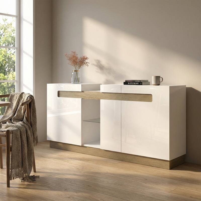 Meble Furniture Talia Sideboard 71" Wide x 33.5" High - High Gloss Two-Tone Modern Buffet Credenza with Cabinet Storage