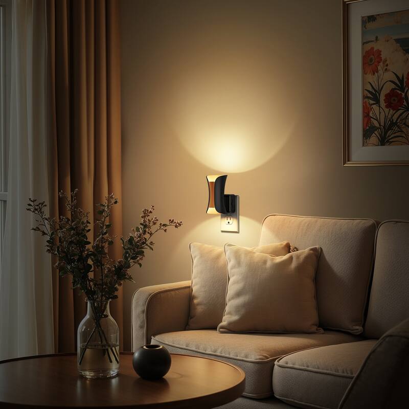 YANSUN Set of 2 Plug in Night Lights Dusk to Dawn Sensor Slim Wall Sconce Black Champagne Gold Warm Dimmable Auto Lighting