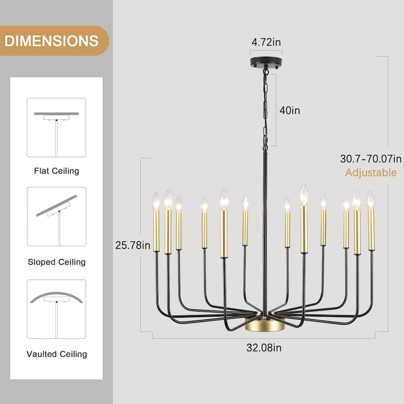 12-Light Rustic Candle Chandelier for Dining Room Living Room - W32.08" x H70.07" - N/A