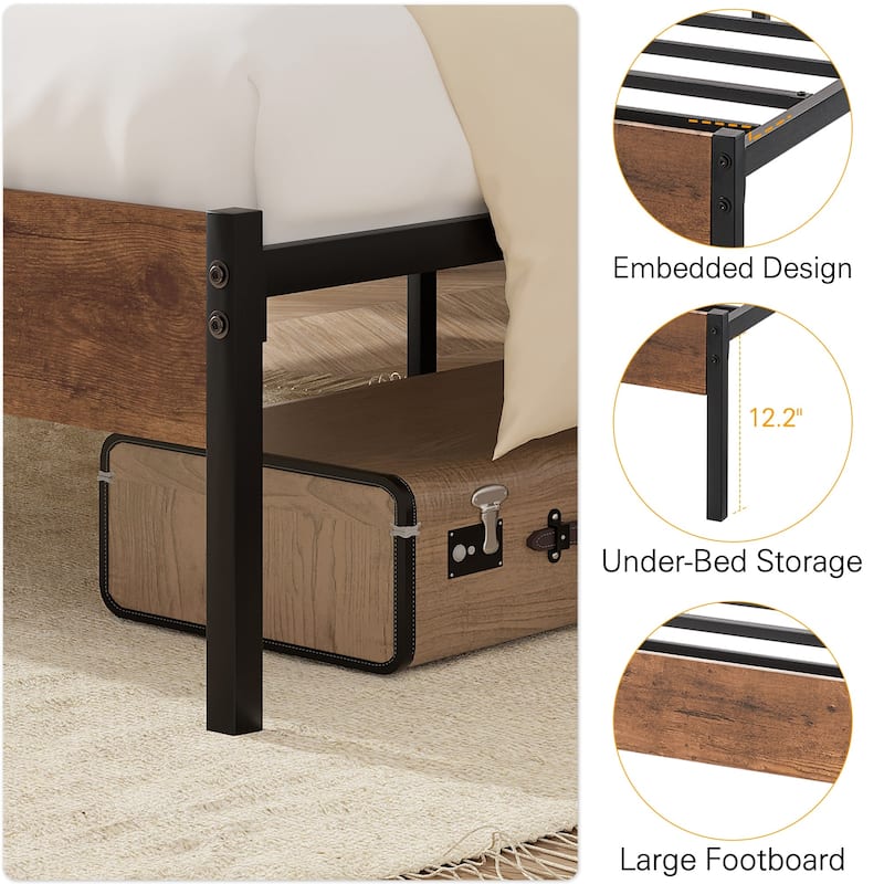 Javlergo Metal Platform Bed Frame with Wooden Headboard and Footboard Farmhouse Rustic Platform Bed Frame No Box Spring Needed