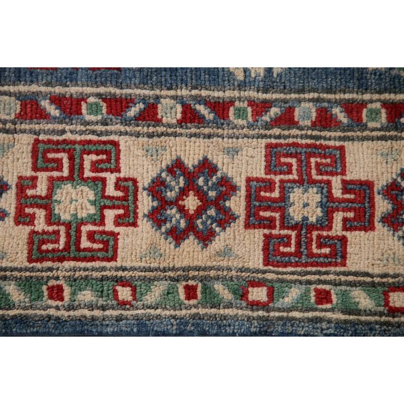 Blue Geometric Kazak Runner Rug Handmade Oriental Wool Carpet - 2'8" x 12'7"