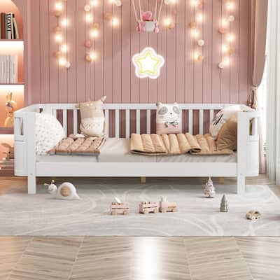 Full Size Wood Platform Bed with Rails for Kids