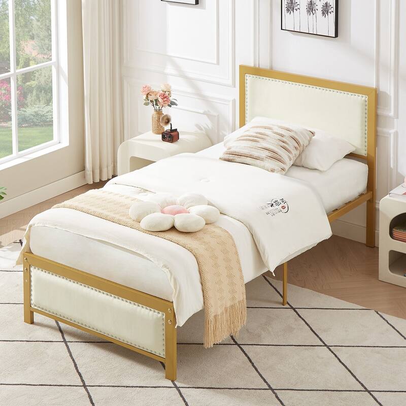 VECELO Upholstered Kids Bed with Headboard,Twin Size Bed Set of 2