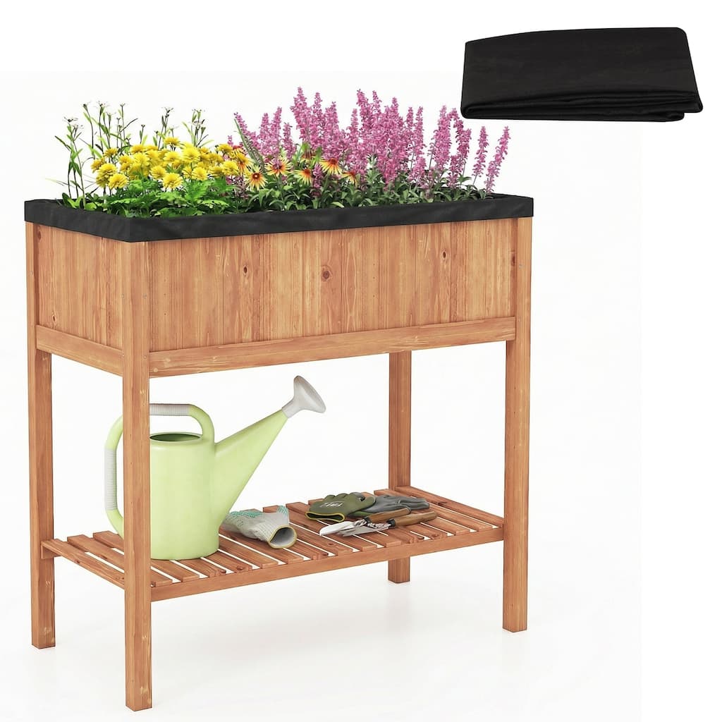 Gymax Wooden Raised Garden Bed w/ Legs Liner Storage Shelf Large