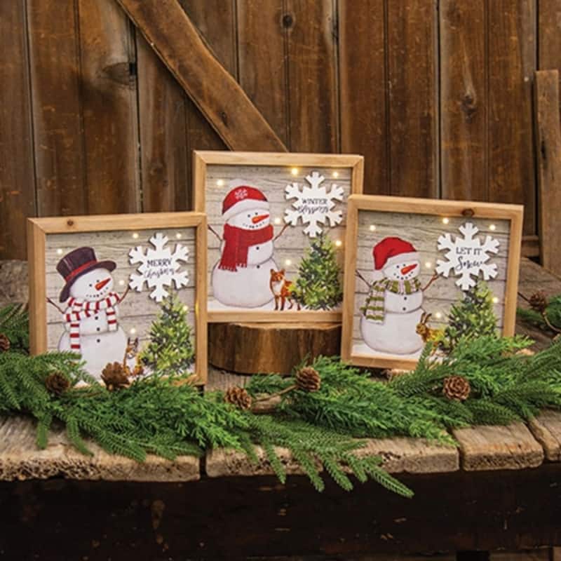 Rustic Snowman LED Box Signs Lighted Christmas Decor 3 Asstd. - 8” x 1.38” x 8”