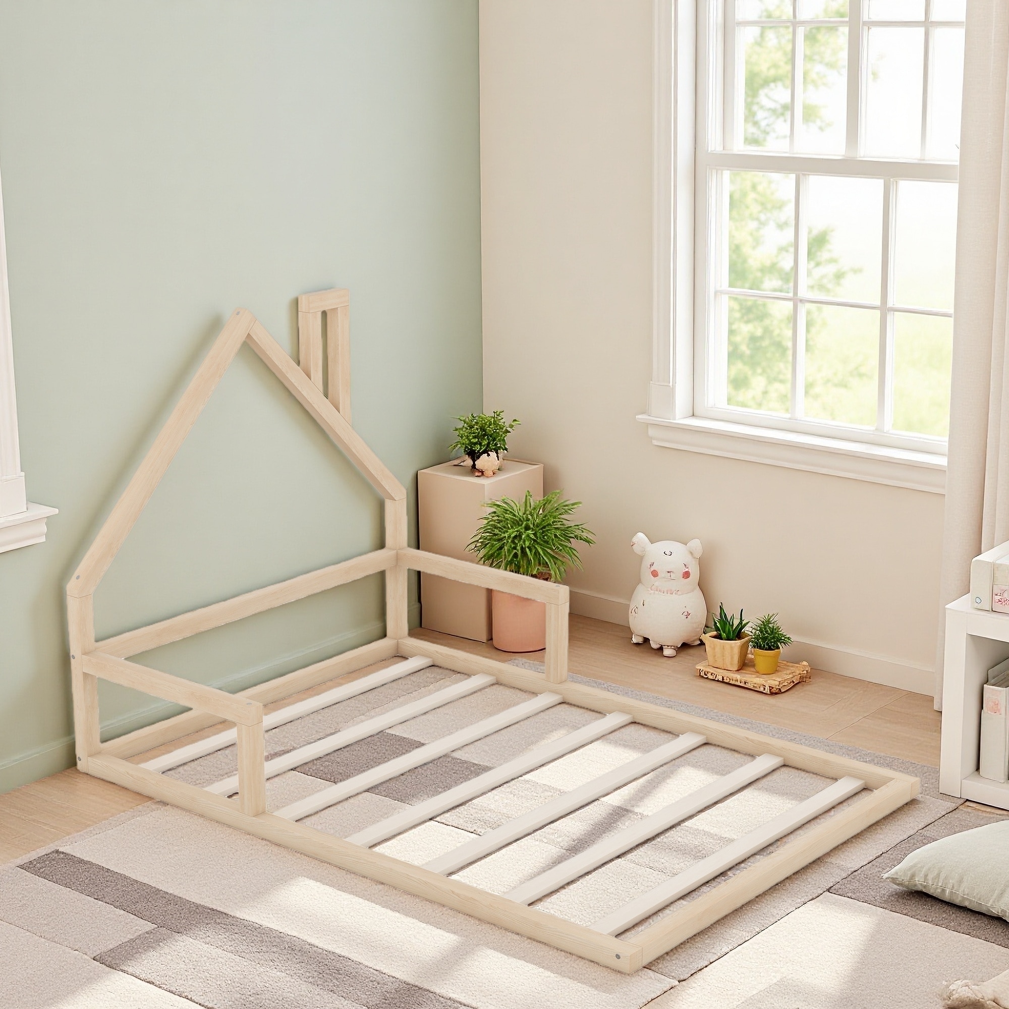 Full Wood Floor Bed with House Headboard, Pine, No Box Spring