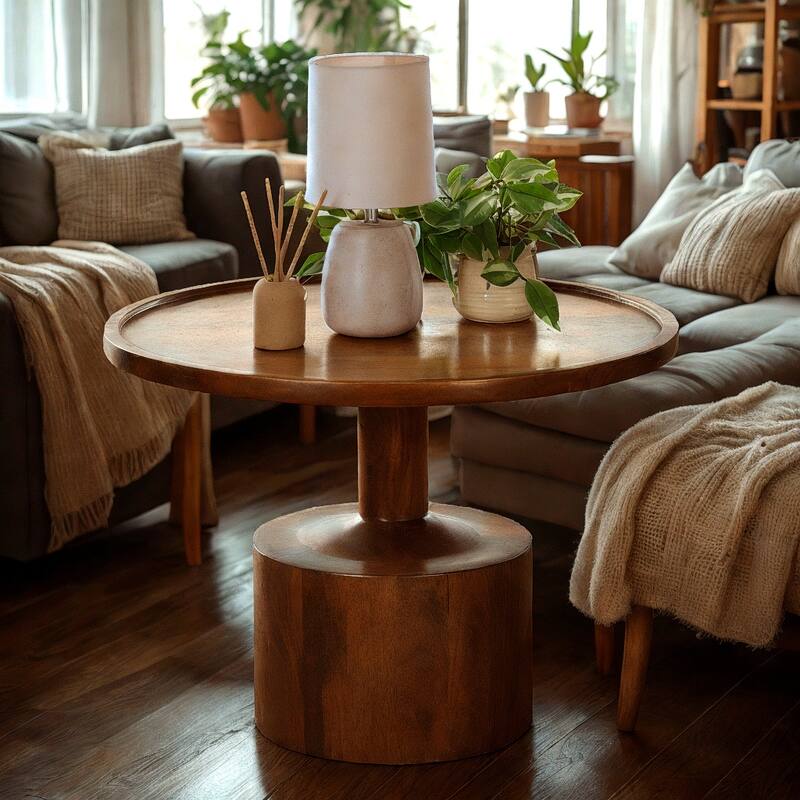 Round Mango Wood Coffee Table with Pedestal Base - 27.5" Accent Table with Rimmed Top - Dark Finish