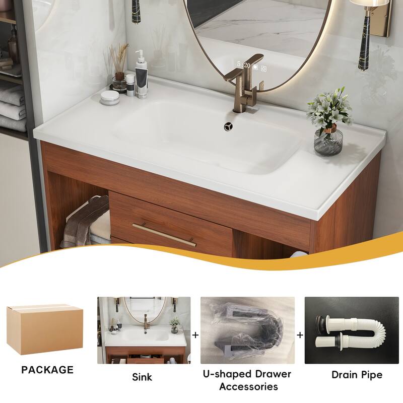 35.4" Mid-century Modern Single Bathroom Vanity with Integrated Ceramic Undermount Sink