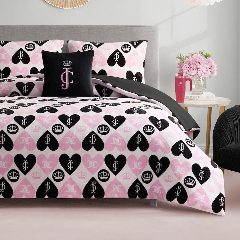 Juicy Couture Plush Queen Heart Logo Reversible Comforter Sets - Pink/Black - Twin - Twin XL