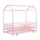 preview thumbnail 9 of 10, Twin Size Metal House-Shaped Kids Bed Frame with Fence and Trundle, Sky Roof Design, Semi-Enclosed Guardrails for Bedroom, Pink