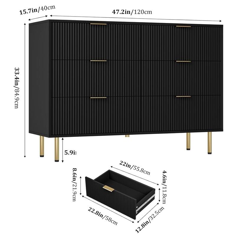 Fluted 6 Drawer Dresser for Bedroom, Large Chest with Gold Handle, Modern Wood Organizer for Living Room or Hallway