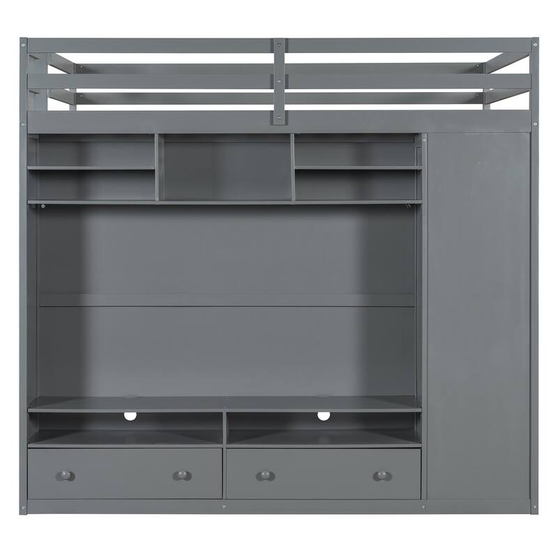 Full Size Loft Bed with Storage Drawers, Built-in Wardrobe, LED Lighting, and Shelving by Harper&Bright Designs