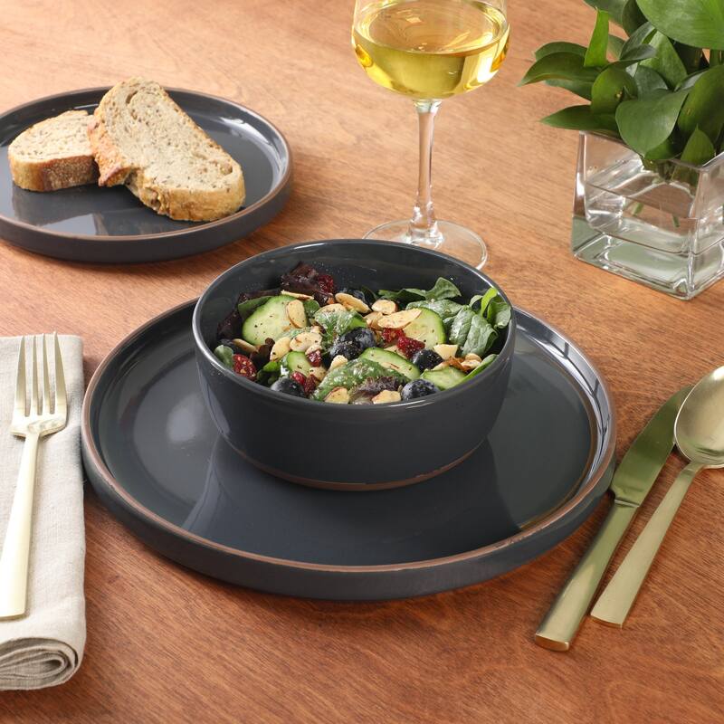 Gibson Elite Northrock Stoneware Dinnerware Set, 16-Piece Service for 4 - Plates & Bowls with Hand-Painted Terracotta Base