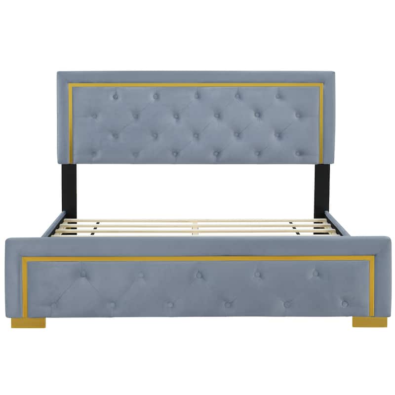 HomeRoots Gray Tufted Velvet Upholstered Queen Bed Frame