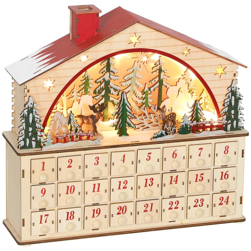HOMCOM Christmas Advent Calendar with 24 Drawers, Reusable Lighted Wooden Countdown to Christmas Calendar with Village Scene - natrual