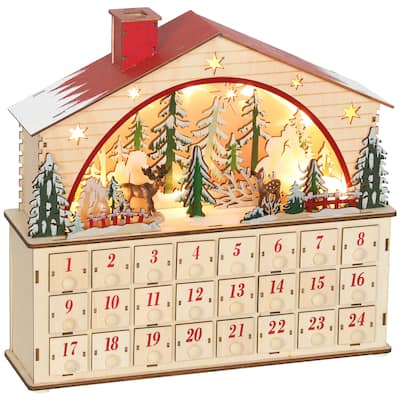 HOMCOM Christmas Advent Calendar with 24 Drawers, Reusable Lighted Wooden Countdown to Christmas Calendar with Village Scene
