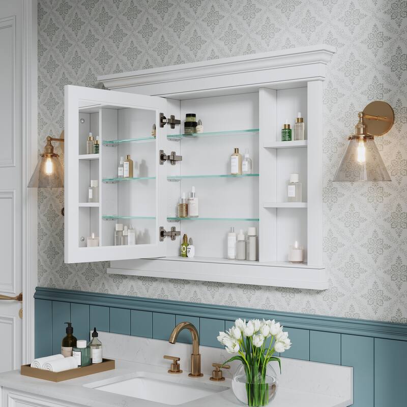 42"W X32''H Recessed Wall-Mounted Solid Wood Framed Medicine Cabinet With Adjustable Glass Shelves