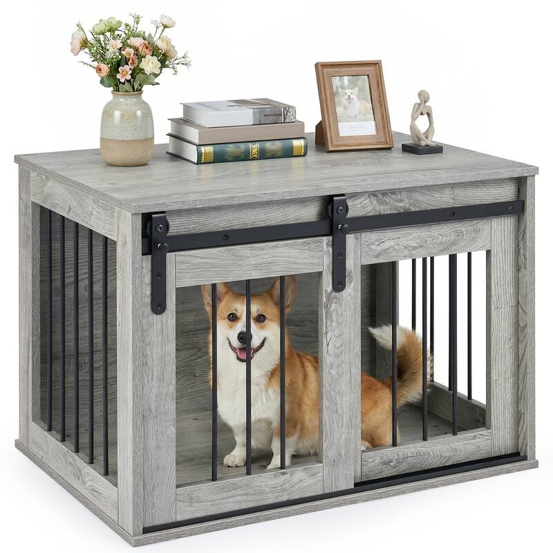Gymax Dog Crate Furniture 31.5'' Heavy Duty Dog Kennel w/Sliding Barn - Grey