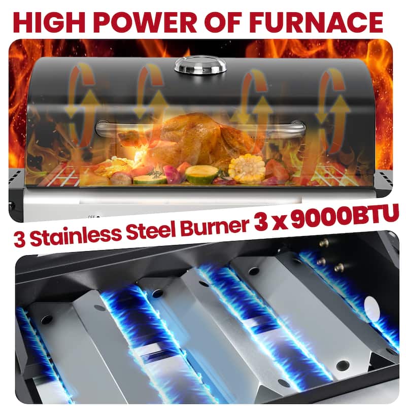 3-Burner 27000BTU Propane Gas Grill w/Daul Zone, Foldable Table, Hanging Basket - N/A