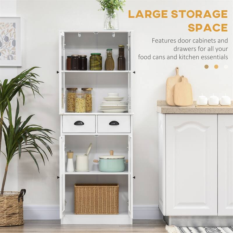 Freestanding Kitchen Pantry with Doors, Adjustable Shelves, 2 Drawers