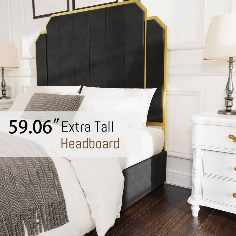 Queen Size Bed Frame with Tall Headboard, Upholstered Platform Bed w/ Golden Plating Trim & Slats Support, No Box Spring Needed