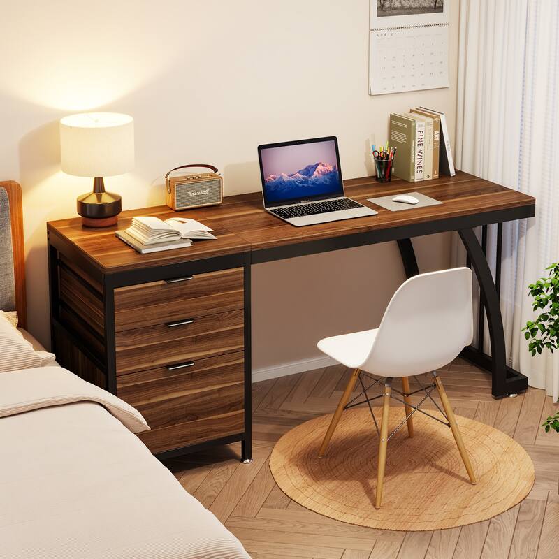 59 inch Reversible Computer Desk with 3 Drawer Cabinet, Industrial Study Writing Table Workstation for Home Office Bedroom