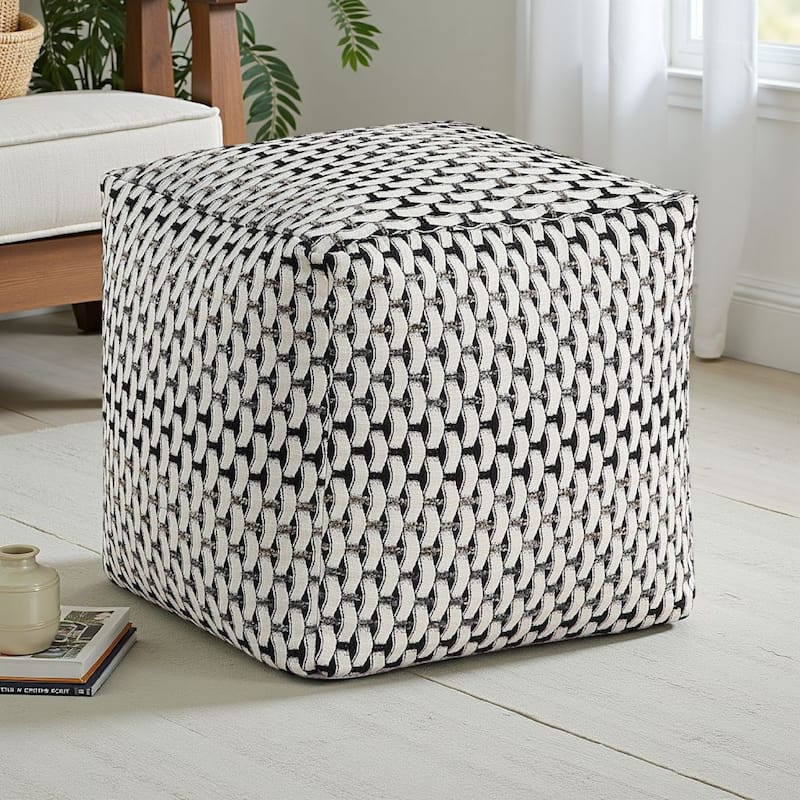 Modern Pouf Ottoman, Black White Basket Woven Jacquard, 16 Inch Square