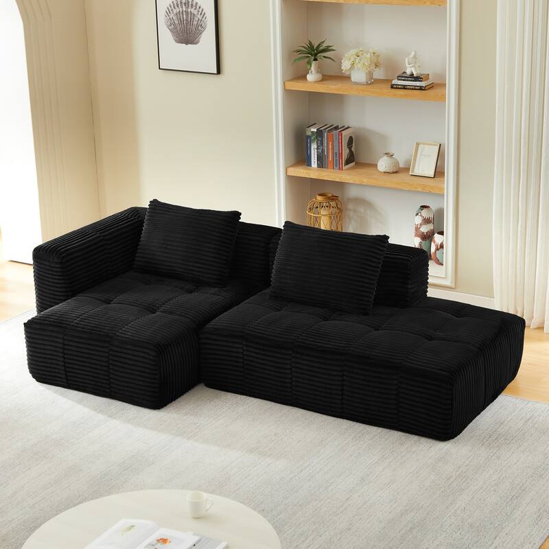 Modular Compressed Couch, Corduroy L-shaped Sectional Sofa with Chaise - Black