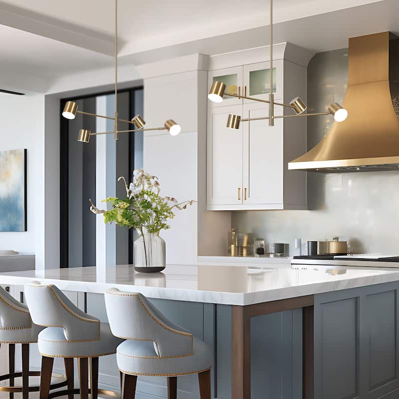 Modern Gold Brass 4/5-Light Integrated LED Chandelier Metal Linear Island Light for Kitchen