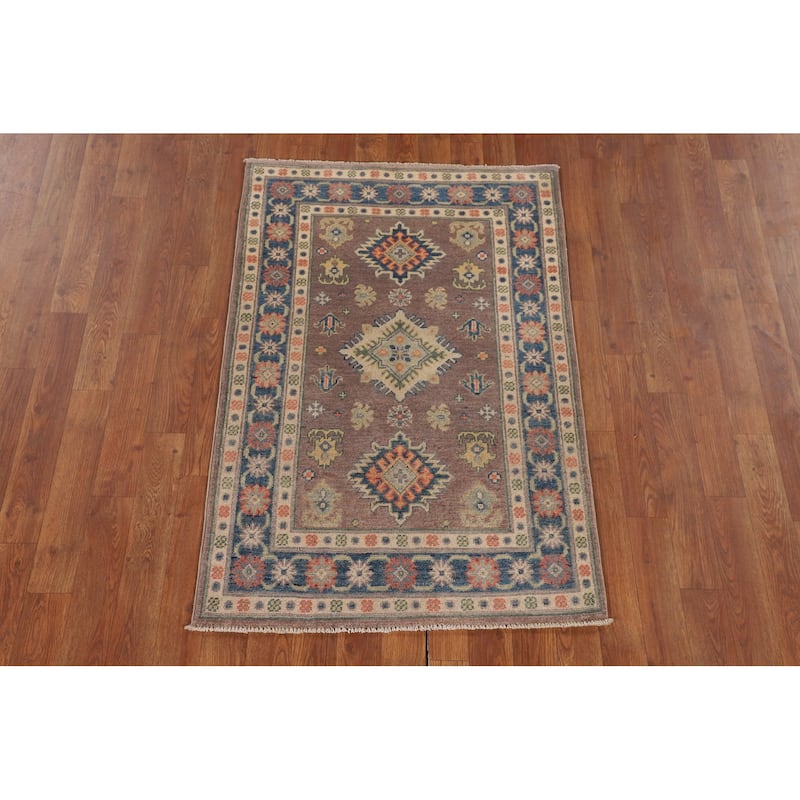 Kazak Foyer Rug Hand-Knotted Geometric Brown Wool Carpet - 2'7" x 3'11"