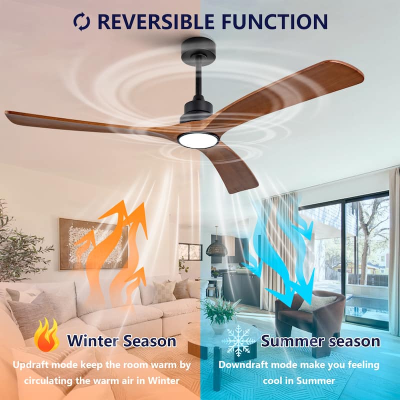 60 Inch Wood Ceiling Fan With 3 Solid Wood Blades Remote Control Reversible DC Motor For Living Room - Black